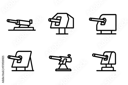 Naval Gun Icon Set. Outline icon set of naval gun mounting types: deck mount, turret mount, pedestal mount, casemate mount, shielded mount, remote-controlled