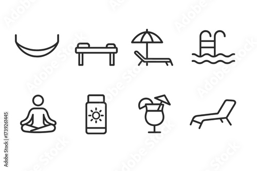 Honeymoon and Cuddle Icons. Outline icon set of honeymoon relaxation: hammock, massage table, beach umbrella, lounge chair, swimming pool, yoga pose,