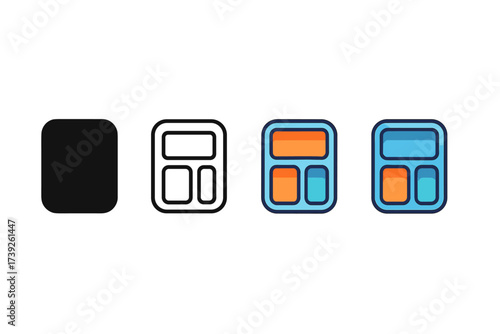 Meal Prep Icons. Vector icon meal prep container same pose same proportions four styles black solid glyph outline minimal flat multicolor filled cartoon flat