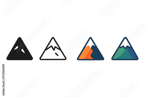 Mountain Icon Styles. Vector icon mountain peak same pose same proportions four styles black solid glyph outline minimal flat multicolor filled cartoon flat