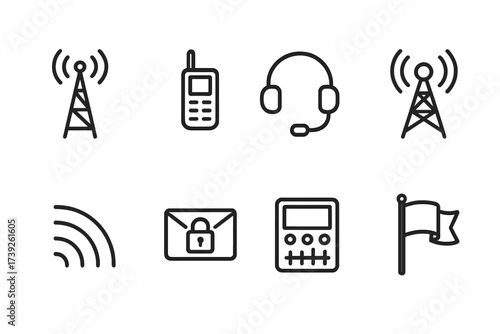 Scout Communication Icons. Outline icon set of scout vehicle communications: antenna tower, satellite phone, headset, radio tower, signal waves, encrypted