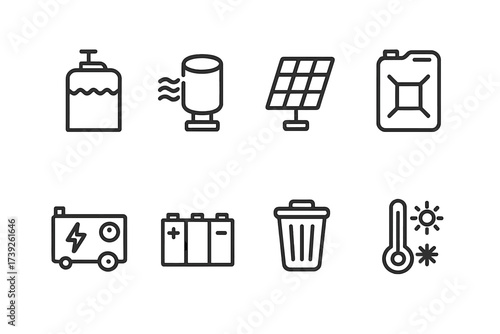 Bunker Utility Icons. Outline icon set of bunker utilities: water tank, air filtration, solar panels, fuel storage, power generator, battery bank, waste