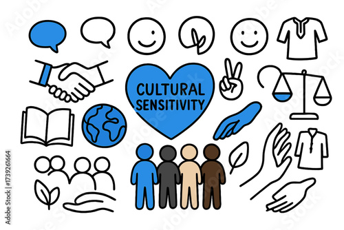 Cultural Unity Symbols. Cultural sensitivity. Hand-drawn doodle illustration cultural sensitivity heart (colored), handshake (colored), smiling faces, open