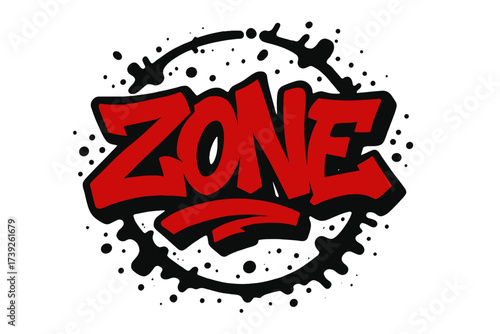 Zone Graffiti Art. Zone, graffiti lettering, casual strong tone, surrounded by splashes, circular frame composition, clean white background, vector look, high