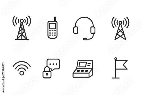 Scout Communication Icons. Outline icon set of scout vehicle communications: antenna tower, satellite phone, headset, radio tower, signal waves, encrypted