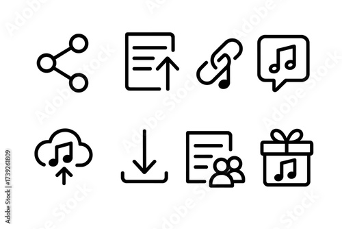 Song Sharing Icons. Outline icon set of song sharing: share button, playlist export, music link, social media music, music cloud upload, download icon,