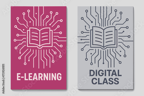 E-Learning Banners. Two vertical A6 banners, flat vector design, magenta and silver backgrounds, futuristic circuit board with book icon, digital education