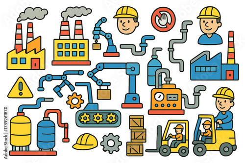 Colorful Factory Doodles. Factories. Colorful Hand-drawn doodle Children illustration chimneys, conveyor belts, machines, storage tanks, metal pipes, safety