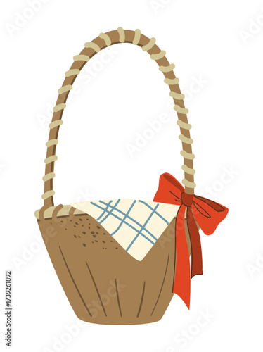 Gift Harvest Thanksgiving basket. Wicker basket present Flat hamper with bow ribbon vector Illustration gift present with fruits food gifts