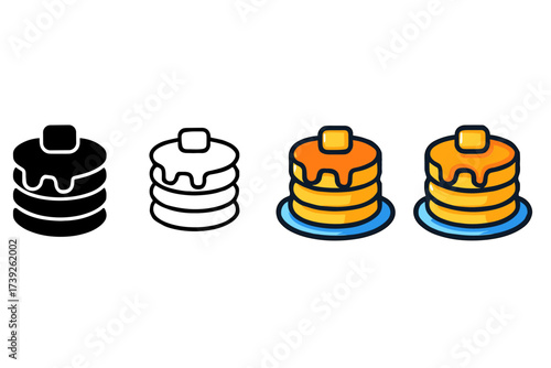 Pancake Icon Styles. Vector icon pancake stack same pose same proportions four styles black solid glyph outline minimal flat multicolor filled cartoon flat