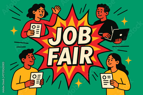 Job Fair Extravaganza. Job Fair banner, flat vector illustration, bold oversized text inside splash explosion, cartoon characters holding resumes and laptops,