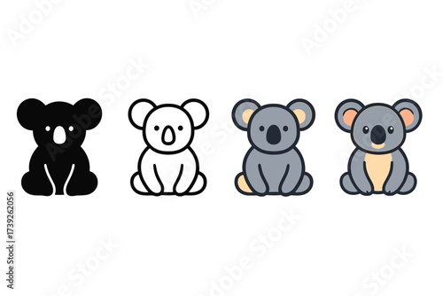 Diverse Koala Icons. Vector icon koala bear same pose same proportions four styles black solid glyph outline minimal flat multicolor filled cartoon flat
