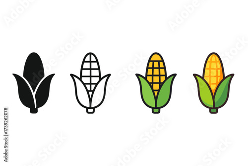Diverse Corn Icons. Vector icon corn cob same pose same proportions four styles black solid glyph outline minimal flat multicolor filled cartoon flat shaded.