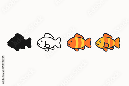 Stylized Fish Icons. Vector icon grouper fish same pose same proportions four styles black solid glyph outline minimal flat multicolor filled cartoon flat