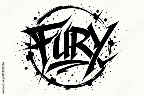 Fury Graffiti Art. Fury, graffiti calligraphy, aggressive edgy lines, surrounded by splashes, circular frame composition, clean white background, vector look,