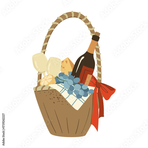 Gift Harvest Thanksgiving basket. Wicker basket present Flat hamper with bow ribbon vector Illustration gift present with fruits food gifts
