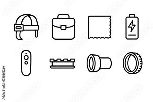Night Vision Accessories Icons. Outline icon set of night vision accessories: head strap, carrying case, lens cleaning cloth, rechargeable battery, remote
