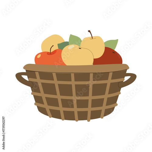 Gift Harvest Thanksgiving basket. Wicker basket present Flat hamper with bow ribbon vector Illustration gift present with fruits food gifts