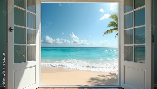 Open door view of sandy beach with turquoise water and palm tree. Ocean waves meet shore under bright blue sky with clouds. Tropical paradise scene through open door.