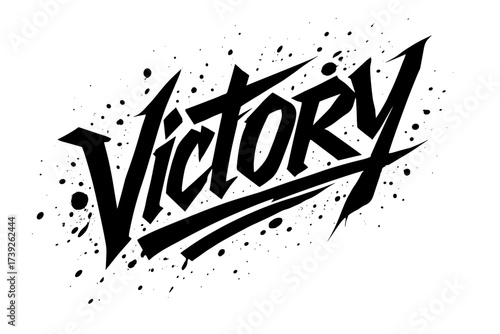 Bold Victory Graffiti. Victory, graffiti lettering, aggressive angular strokes, surrounded by splatters, diagonal decorative composition, clean white
