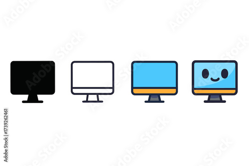 Diverse Monitor Icons. Vector icon monitor screen same pose same proportions four styles black solid glyph outline minimal flat multicolor filled cartoon flat