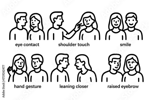 Flirt Body Language Icons. Outline icon set of flirt body language: eye contact, shoulder touch, hair flip, smile, hand gesture, leaning closer, playful