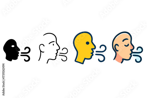 Wind Icon Styles. Vector icon wind blowing same pose same proportions four styles black solid glyph outline minimal flat multicolor filled cartoon flat shaded.