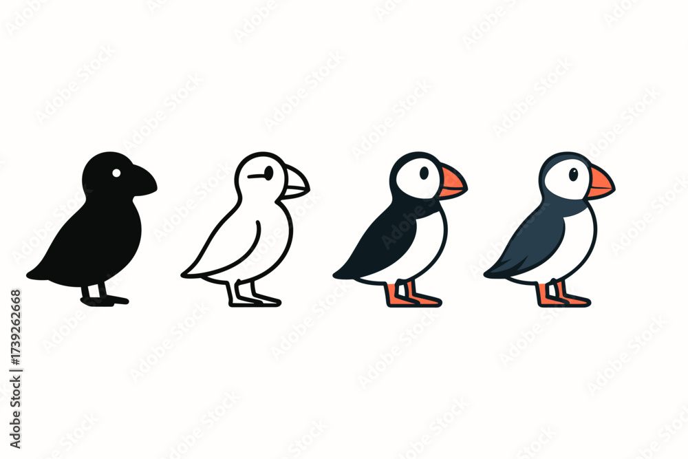 Naklejka premium Puffin Icon Styles. Vector icon puffin bird same pose same proportions four styles black solid glyph outline minimal flat multicolor filled cartoon flat