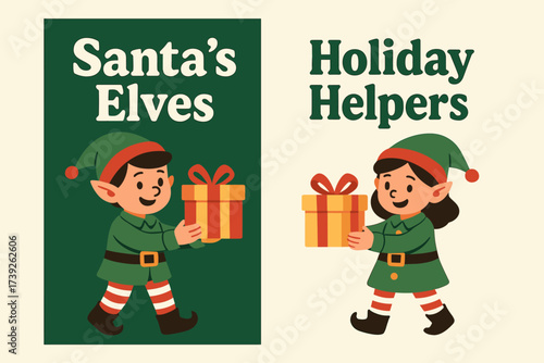 Elf Christmas Banners. Two vertical A6 banners, flat vector design, green and cream backgrounds, elf characters with presents, christmas helpers, first banner