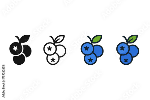 Stylized Blueberry Icons. Vector icon blueberry cluster same pose same proportions four styles black solid glyph outline minimal flat multicolor filled cartoon