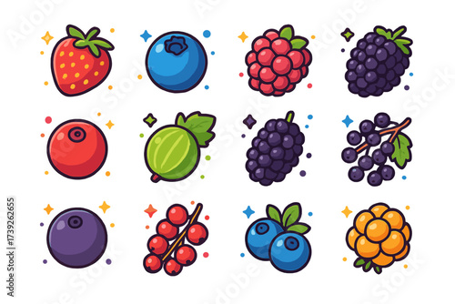 Colorful Berry Icons. Berry fruits. Colorful isometric vector icons set of berry fruits: strawberry, blueberry, raspberry, blackberry, cranberry, gooseberry,