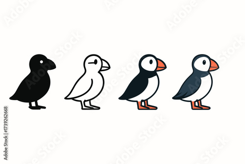 Puffin Icon Styles. Vector icon puffin bird same pose same proportions four styles black solid glyph outline minimal flat multicolor filled cartoon flat