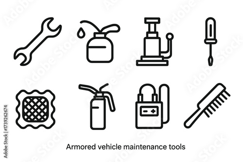 Armored Vehicle Tool Icons. Outline icon set of armored vehicle maintenance tools: wrench, oil can, hydraulic jack, screwdriver, tire patch, grease gun,