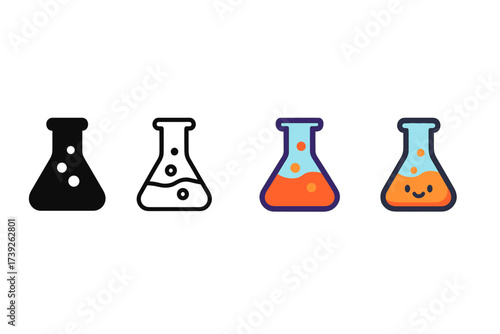 Stylish Science Flasks. Vector icon science flask same pose same proportions four styles black solid glyph outline minimal flat multicolor filled cartoon flat