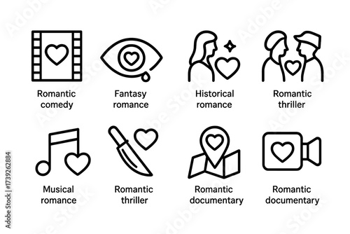 Romantic Movie Icon Grid. Outline icon set of romantic movie genres: romantic comedy, drama, fantasy romance, historical romance, musical romance, romantic