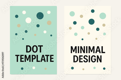 Minimal Dot Banners. Two vertical A6 banners, flat vector design, pastel mint and cream backgrounds, minimal abstract dots, clean modern, first banner with