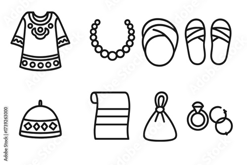 Cameroonian Clothing Icons. Outline icon set of Cameroonian clothing: Toghu robe, Beaded necklace, Headwrap, Leather sandals, Traditional hat, Wrapper cloth,
