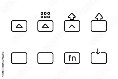 Keyboard Icon Set. Outline icon set of keyboard states: caps lock on, num lock on, scroll lock on, shift pressed, alt pressed, ctrl pressed, fn pressed, key