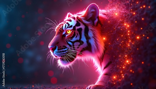 Fototapeta Naklejka Na Ścianę i Meble -  Neon Glowing Tiger Emerging Brightly From Digital Cyber Brick Wall