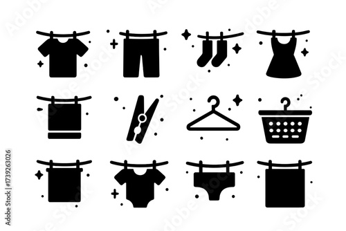 Laundry Icon Set. Laundry line. Solid icons set of laundry line: hanging shirt, hanging pants, hanging socks, hanging dress, hanging towel, clothespin, hanger,