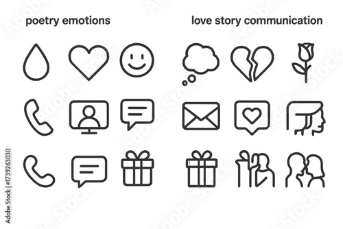 Poetry and Love Icons. Outline icon set of poetry emotions: tears, heart, smile, thought bubble, flame, star, broken heart, rose. Line icons in only black