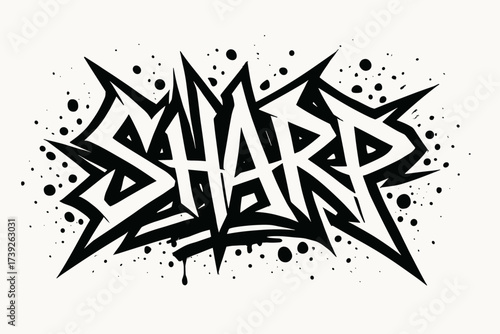 Edgy Urban Graffiti. Sharp, graffiti lettering, edgy angular strokes, surrounded by splatters, horizontal balanced layout, clean white background, vector look,