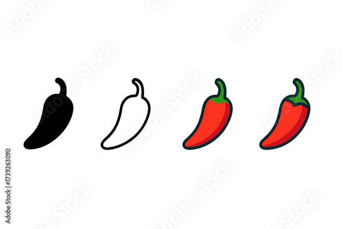 Chili Pepper Icons. Vector icon chili pepper same pose same proportions four styles black solid glyph outline minimal flat multicolor filled cartoon flat
