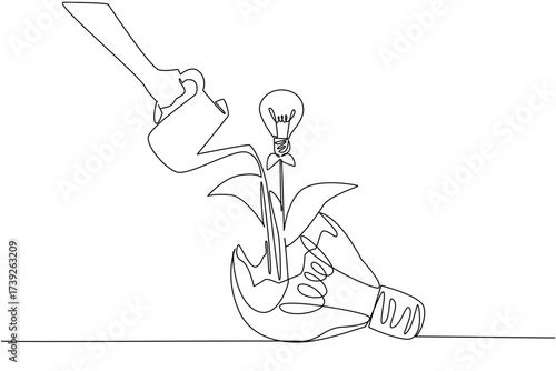 Single continuous line drawing hand watering plant bearing fruit lightbulb growing from a broken lightbulb. Generating new quality ideas. National Creativity Day. One line design vector illustration