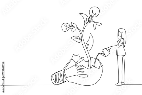 Single continuous line drawing a woman watering plant with lightbulb fruit growing from inside broken lightbulb. Forget past mistakes. National Creativity Day. One line design vector illustration