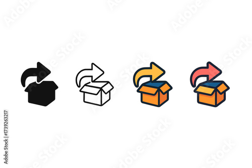 Colorful Return Icons. Vector icon return box arrow same pose same proportions four styles black solid glyph outline minimal flat multicolor filled cartoon