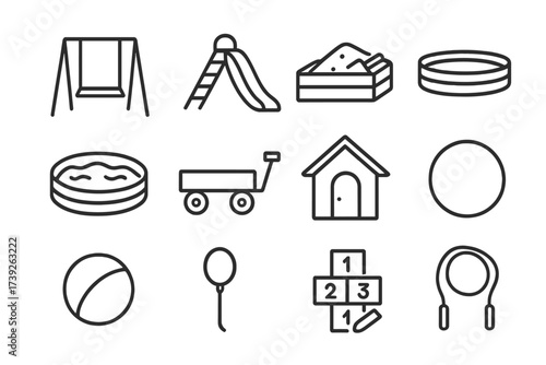 Backyard Fun Icons. Backyard fun. Line icon set of backyard fun: swing, slide, sandbox, trampoline, kiddie pool, wagon, playhouse, hula hoop, ball, bubble