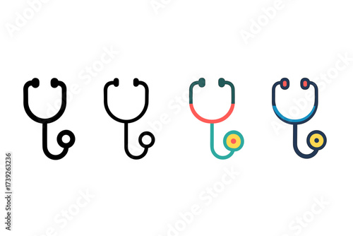 Stethoscope Icon Styles. Vector icon stethoscope same pose same proportions four styles black solid glyph outline minimal flat multicolor filled cartoon flat