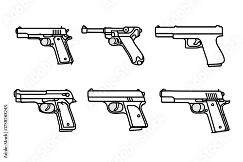 Historical Pistol Icon Set. Outline icon set of pistol historical models: Colt , Luger P08, Desert Eagle, Glock , Beretta M9, Smith & Wesson, Walther PPK,