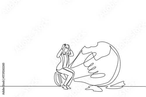 Continuous one line drawing a businesswoman sits on a broken lightbulb with both hands holds head. The plan failed completely. National Creativity Day. Single line draw design vector illustration